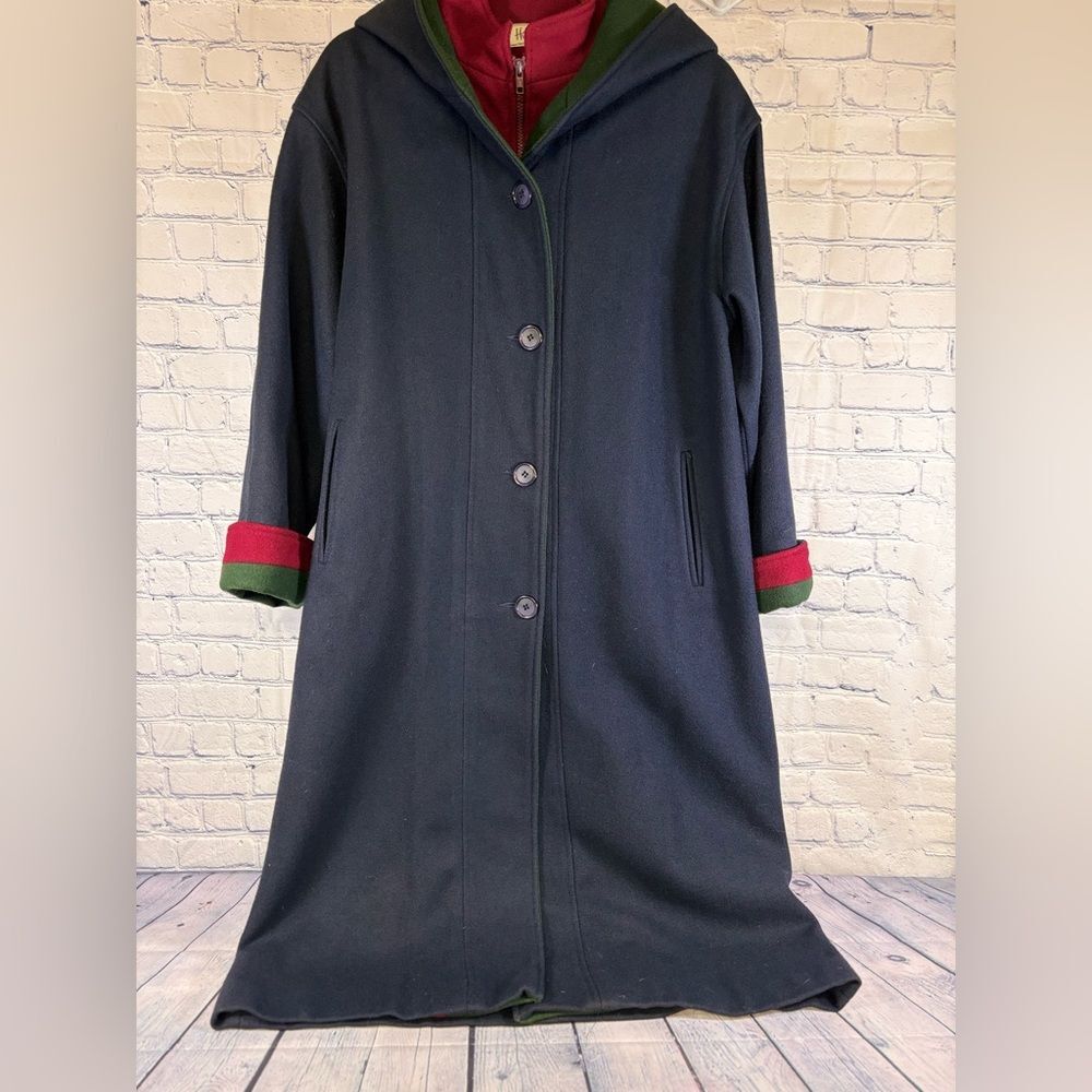 VINTAGE Herman Kay Navy Green Burgundy Preppy 80s Hooded Inner Zip Bib Coat 12